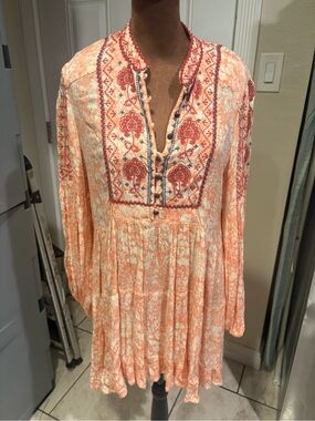 Anthropologie Peach and Red Embroidered Long-Sleeve Boho Dress